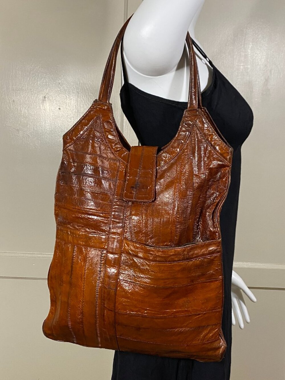 VINTAGE Genuine Eel Skin Brown Purse Shoulder Hobo Bag Tote Glossy Patchwork